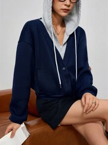 EastFlair Women's Autumn Color-Block Long Sleeve Single-Breasted Drawstring Hooded Casual Sweatshirt - Blue - View 3