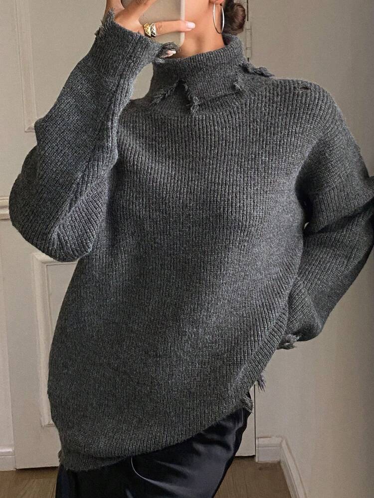 Women Solid Color Loose High Collar Long Sleeve Distressed Thick Knitted Sweater,Fall Women Clothes