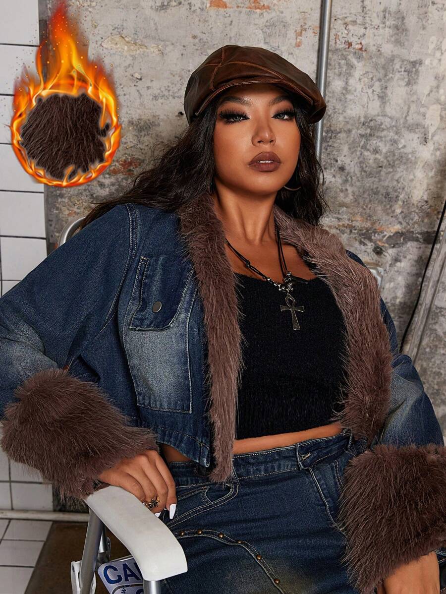 SHEIN ICON Plus Size Contrast Color Fuzzy Patchwork Cropped Christmas Thanksgiving Denim Jacket, Autumn - Blue - View 1