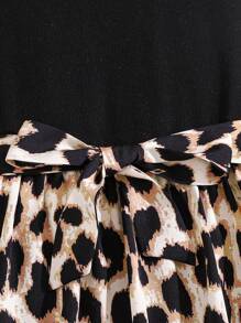 SHEIN Teen Girl Autumn And Winter/Elegant Retro/Black Knitted Pit Solid Color Round Neck Long Sleeves/Spliced ​​Leopard Print Hem/Waist Dress - Khaki - View 4