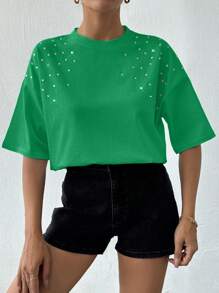 RueChic 100%Cotton Women's White T-Shirt With Rhinestones Detail - Green - View 4