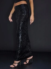 MUSERA Low Waist Sequins Maxi Skirt Birthday Elegant Spring Summer Sexy