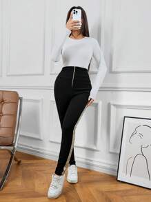 SHEIN LUNE Autumn/Winter Front Zipper Slim Fit Party Black Pants,  Contrasting Sequins Embroidery On Sides