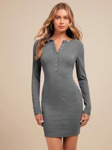 SHEIN Clasi 女士优雅罗纹领前纽扣修身针织连衣裙 - 灰色 - 查看 1