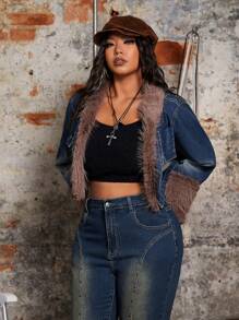 SHEIN ICON Plus Size Contrast Color Fuzzy Patchwork Cropped Christmas Thanksgiving Denim Jacket, Autumn - Blue - View 6