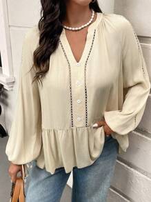 SHEIN Frenchy Plus Size Casual Ruffled Patchwork Smock A-Line Shirt - Apricot - View 5