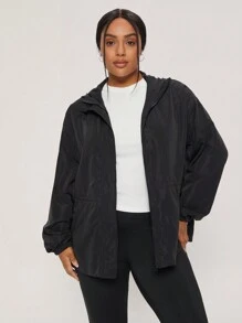 SHEIN BASICS Casual Solid Color Woven Loose Fit Hooded Plus Size Jacket - Black - View 7
