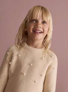 SHEIN Sweater Kasual Sehari-hari Lengan Raglan Leher Bulat dengan Hiasan Mutiara untuk Anak Perempuan, Musim Gugur/Dingin - Krem - View 4