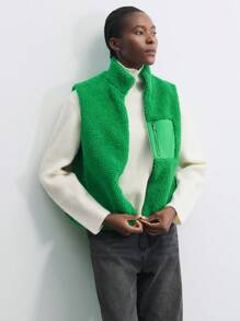 Maija Women Green Solid Color Fluffy & Teddy Sherpa Front Zipper Sleeveless Patchwork Collar Christmas Outerwear Casual Vest
