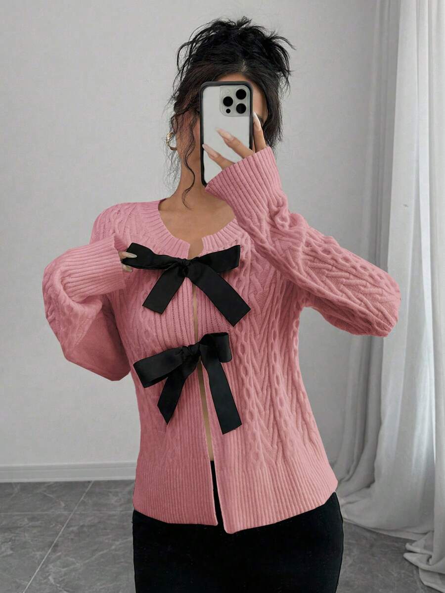 SHEIN Unity 女士休闲长袖蝴蝶结装饰开衫,秋冬 - 藕粉色 - 查看 1