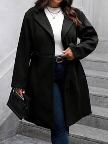SHEIN Clasi Plus Size Solid Color Casual Daily Wear Notched Collar Single-Breasted Coat, Autumn, For Winter