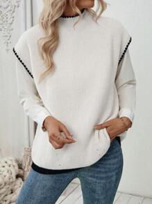 SHEIN LUNE 1 件女式休闲圆领撞色边饰蝙蝠袖毛衣背心，秋季 - 米色 - 查看 7