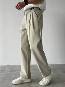 Calvornis Pantalones casuales para hombre de unicolor con decoración de botones en el bolsillo, ropa de ocio para uso diario - Beis - Ver 8