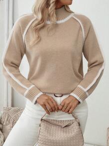 SHEIN LUNE Women Casual Loose Fit Contrast Color Stand Collar Raglan Sleeve Sweater, Autumn/Winter Knit Pullover Fall - Khaki - View 6