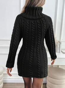 SHEIN Clasi Autumn & Winter New High Neck Pullover Long Sleeve Plain Color Cable Knit Women Sweater, Knit Pullover Fall - Black - View 2