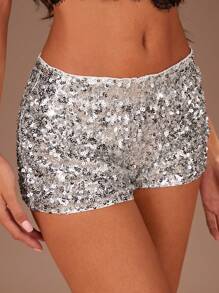 SHEIN SXY Fall Women Clothes;Sexy Date Club High Stretch Silver Bead Ultra-Low Waistline Shorts;Women's Solid Silver Sparkling Sequin Bodycon Super Shorts, Perfect For Date Night, Singles Party, Cocktail Party, Christmas Party And Other Glamorous Night Events