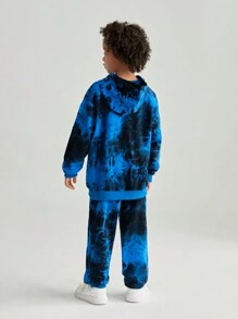 SHEIN 2pcs/Set Tween Boy Street Style All-Over Print Hooded Long Sleeve Sweatshirt And Pouch Pocket Sweatpants - Blue - View 2