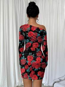 Elenzga Kleid mit Rüschen und asymmetrischem Ausschnitt, Rosenprint, Langarm, für Neujahrskleider