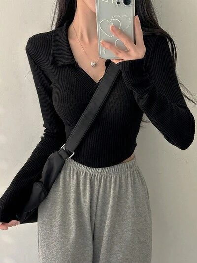 Camiseta de manga larga con cuello, de ajuste ceñido y unicolor, para mujer, ideal para el otoño y el regreso a la escuela