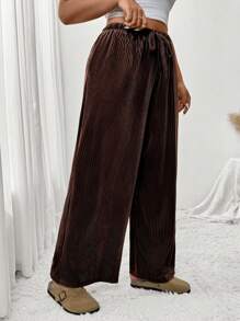 SHEIN Frenchy Plus Size Solid Color Front Tie Pocket Simple Casual Pants, For Daily Wear