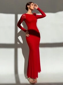 Aloruh Váy đuôi cá thêu hoa lãng mạn với chi tiết lưới cho phụ nữ trẻ - Đỏ - Xem 1