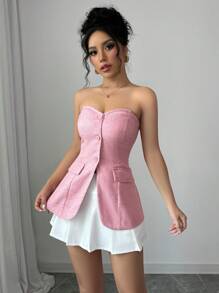 Elenzga 1pc Women Casual Sleeveless Crop Top With Textured Fabric - Pink - View 5