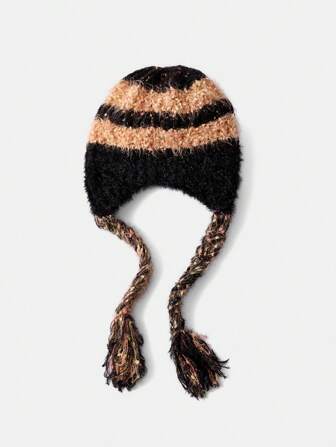 Fairycore Striped Furry Knitted Hat For Women, Pet Supplies
