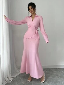 Elenzga 2 件套：女士优雅纯色收腰扭纹前衬衫和无腰带鱼尾中裙 - 粉色 - 查看 4