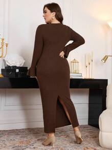 Modelyn Plus Size Elegant Solid Color Ribbed 3D Floral Decor Flare Sleeve Fitted Midi Dress, Spring/Autumn Long Evening Dresses - Coffee Brown - View 2