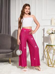 SHEIN Pantalones anchos con lentejuelas para niña preadolescente, elegantes y glamorosos pantalones de lentejuelas brillantes para fiesta y baile