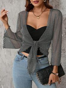 SHEIN Clasi 女式透明系带荷叶边袖夹克 - 灰色 - 查看 2