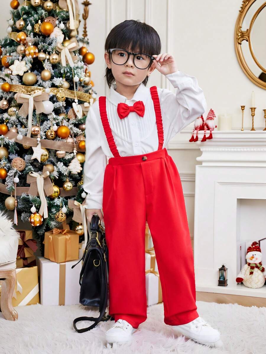 SHEIN Bộ 2 quần áo sơ mi dài tay cổ lật đơn giản, thoải mái, thời trang cho bé trai, phù hợp cho tiệc sinh nhật, tiệc tối, đám cưới, ngày đầu tiên đi học, quần áo bé trai, bộ đồ bé trai trở lại trường, trang phục bé trai, trang phục mặc hàng ngày, phù hợp cho trường học, du lịch, thể thao, mùa thu và đông - Đỏ - Xem 1