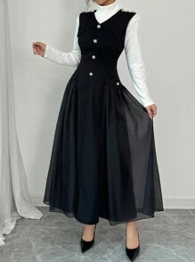 Chiquease 女士薄纱拼接 A 字型收腰荷叶边下摆派对连衣裙，修身优雅长款女士服装 - 黑色 - 查看 7