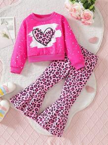 SHEIN 2 piezas Conjunto de sudadera con estampado digital de corazón y pantalones acampanados con cintura elástica para niña joven, primavera otoño