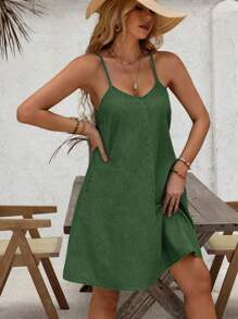SHEIN LUNE Solid Color Casual Versatile Pocket Decorated Sleeveless Denim Dress