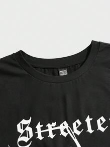 Manfinity RebelGame 男士纯色拼布圆领长袖字母印花休闲 T 恤 - 黑與白 - 查看 4