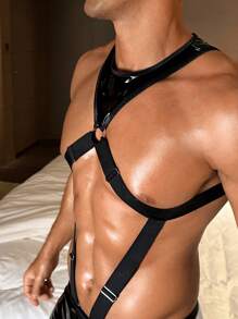 DrisQ Herren einfarbiger Romper Kostümanzug aus rundem Ring verbundenem Cut Out PU-Leder