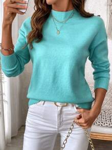 EMERY ROSE Plus Size Women's Solid Stand Collar Drop Shoulder Long Sleeve Casual Knit Sweater Pullover, Winter