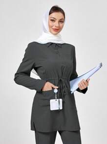 TaskEZ 1 Set Solid Color Front Button Long Sleeve Simple Scrub Top And Pants, Casual Scrub Uniform - Grey - View 3