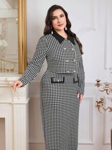 Modelyn 大码女式秋季千鸟格撞色翻领双排扣夹克和吊带裙优雅两件套 - 黑與白 - 查看 4