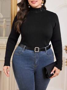 Mulvari Áo len dệt kim gân cổ đứng tay dài màu trơn cỡ lớn cho nữ, mùa thu/đông - màu đen - Xem 1
