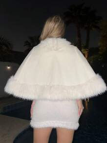 Sweetina 优雅纯色蓬松拼接短款斗篷夹克，秋冬 - 白色 - 查看 4