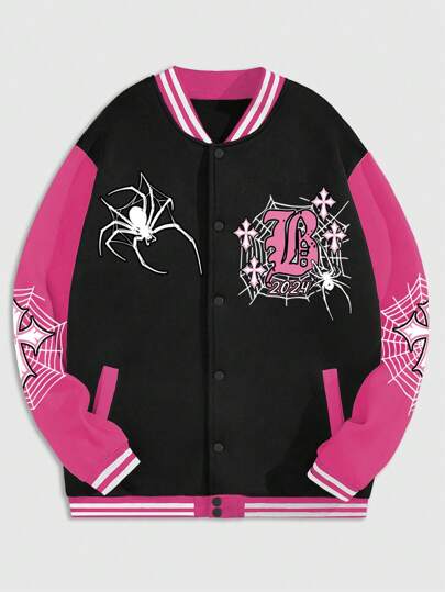 Street Life Men's Letter & Spider Print Long Sleeve Baseball Jacket Coat, Street Style, Halloween