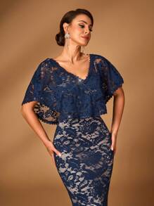 SHEIN Belle Elegant Navy Blue Stretch Lace V-Neck Shawl Splicing Lace Slim Fit Fishtail Train Suitable For Mother To Attend The Evening Dance Party Wedding Bride Mother Dress Heavy Industry Dinner Dress, Mother Of The Bride Dress - Navy Blue - View 4