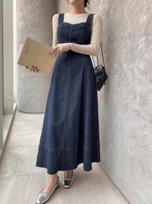 DAZY Einfaches quadratisches Ausschnitt-ärmelloses Denim Kleid für Frauen, Herbstkleidung, Schulkleidung