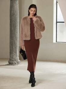 Aveloria Modichic 毛茸茸柔软舒适复古宽松夹克 - 棕色 - 查看 5