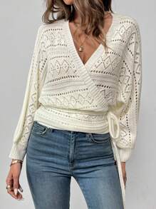 SHEIN LUNE Cardigan aperto da donna in maglia traforata con laccetti laterali, casual per l'autunno - Beige - Visualizzare 7