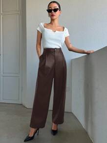 DAZY 女士休闲纯色 PU 皮革宽松裤，秋季服装女士正装裤 - 棕色 - 查看 4