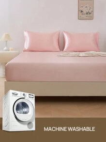 2/3pcs Solid Color Satin Fitted Sheet,1pc Satin Fitted Sheet+1/2pcs Satin Pillowcase Soft Breatheable Wrink-Free Better For Sleep, Luxury Hotel Style, Gift, For All Size Bed -Twin, Full, King, Queen Size Sheet 14inch/35cm Deep Pocket, Machine Washable - Baby Pink - View 10