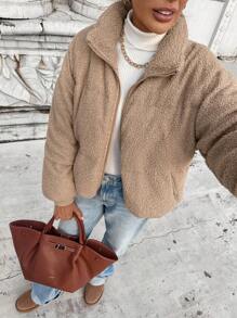 SHEIN LUNE 休闲女式毛绒加垫口袋短夹克，冬季保暖 - 杏色 - 查看 4